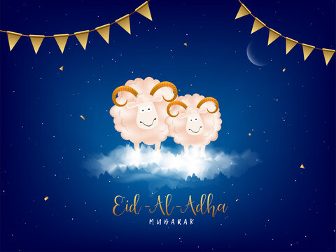 Eid-Al-Adha, Islamic festival of sacrifice concept with happy sheeps and golden bunting flags on blue cloudy background.