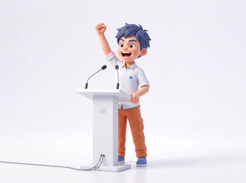 3D cartoon boy character giving speech at podium, young male speaker at lectern with microphones, motivated student leader presenting on white background