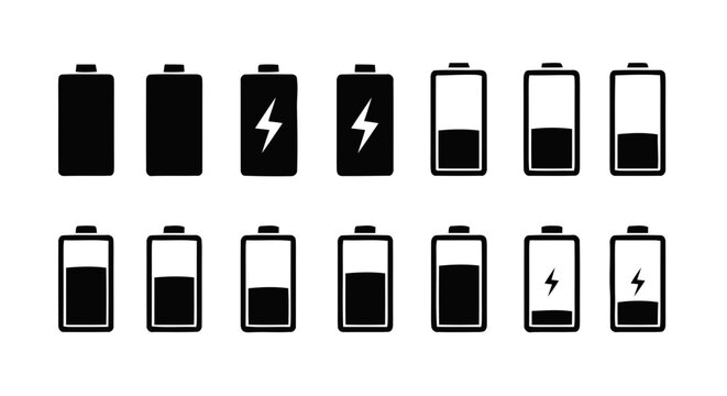 Vector illustration of set of battery icons with different charge levels on a transparent background
