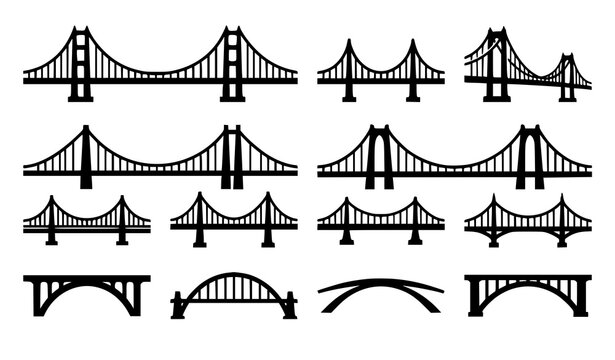 Set of Suspension Bridge and Arch Bridge Silhouette Icons Vector Illustration Collection on White Background
