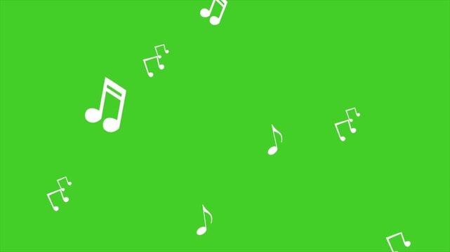 White musical notes and symbols flying and floating randomly on a green screen background, 4k high quality motion graphics animation for music related content.