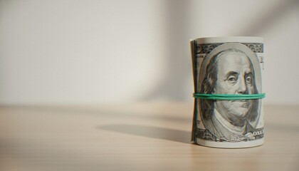 A close-up studio shot of a roll of US hundred-dollar bills secured with a green rubber band, standing upright on a light wooden surface against a neutral background. © dang