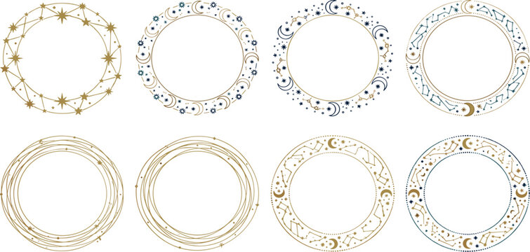 Celestial Circle Frame Set With Golden Moon Stars Constellations And Mystic Zodiac Borders For Astrology Invitation Designs