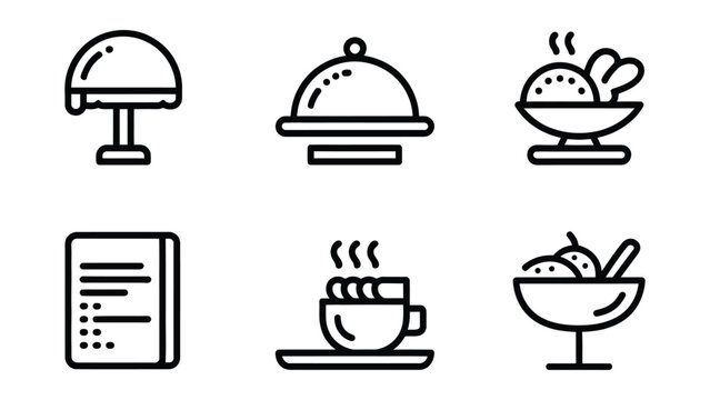 A collection of six line art icons representing various food and beverage items including a table lamp a covered dish and desserts on a white background