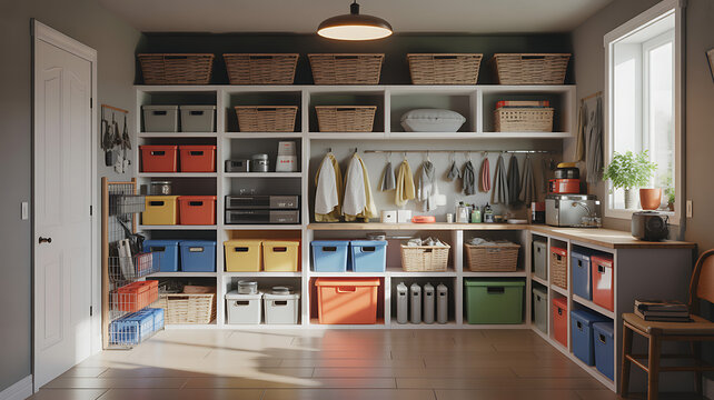 Organized utility storage room inside a home, clearly structured layout and functional zones, minimal visual clutter, soft ambient light, realistic textures, high-quality commercial editorial artwork.