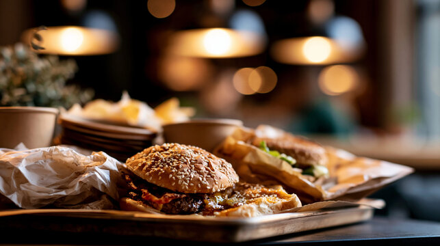 Close up of discarded fast food packaging half eaten burger crumpled paper cups and greasy wrappers piled on a tray harsh overhead lighting revealing textures of food waste