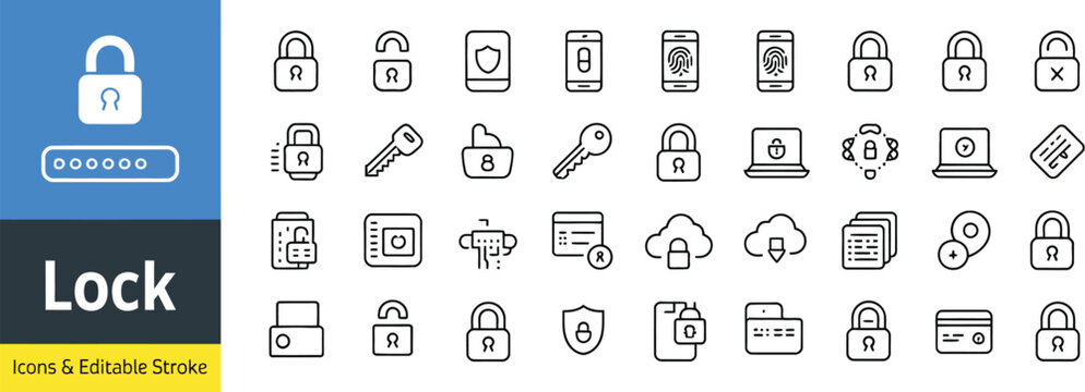 Lock, web icon set in line style featuring security safe document unlock and protection symbols, vector illustration collection.