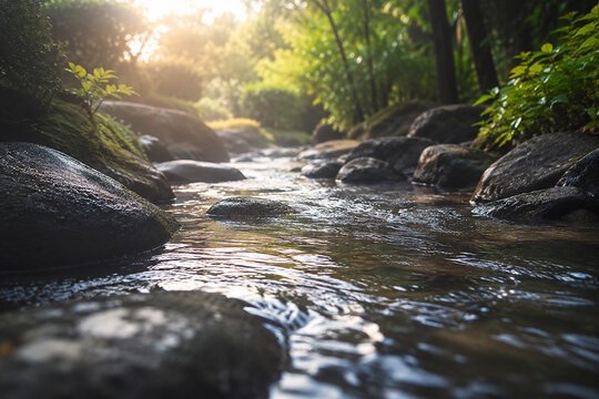 Serene Stream: A tranquil stream gently flows through a lush, sun-dappled landscape, inviting viewers to immerse themselves in the serene beauty of the natural world.