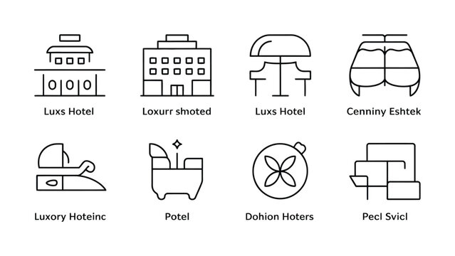 Collection of eight simple line art icons representing different hotel buildings and amenities for travel and hospitality services