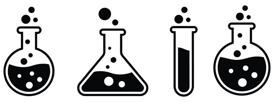 chemical flask vector icon collection, science laboratory symbols set with erlenmeyer flask, beaker, and test tube icons for chemistry education, medical research, and scientific experiment themes.