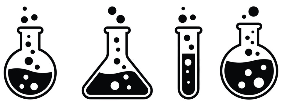 chemical flask vector icon collection, science laboratory symbols set with erlenmeyer flask, beaker, and test tube icons for chemistry education, medical research, and scientific experiment themes.