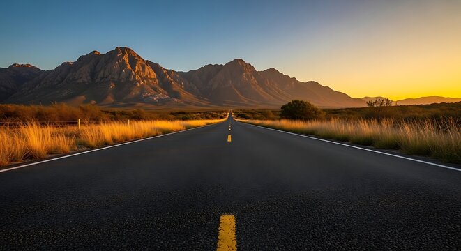 A serene highway stretches towards majestic mountains at sunset