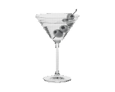 Retro halftone cocktail glass with olive skewer isolated on white background, vintage dotted vector illustration