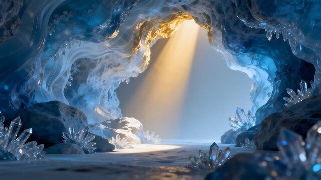 Ice cave with light beam