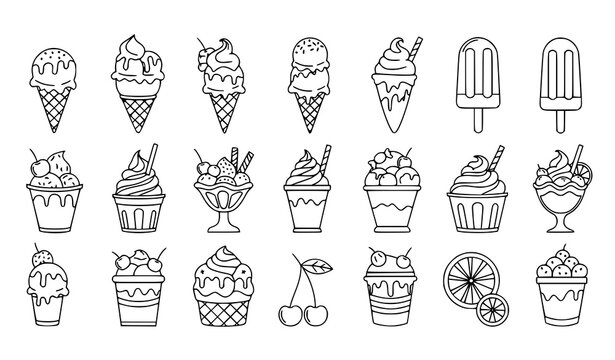 Ice cream dessert outline vector icon set sweet frozen treat collection