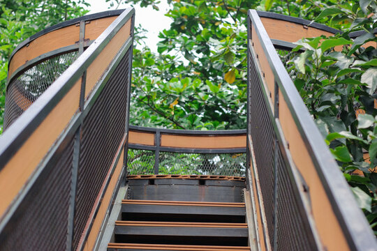 This is a V-shaped set of stairs with wooden railings and metal mesh panels