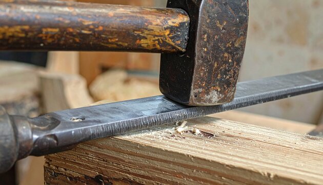 Close-up of mortise chisel struck by wooden mallet on workbench