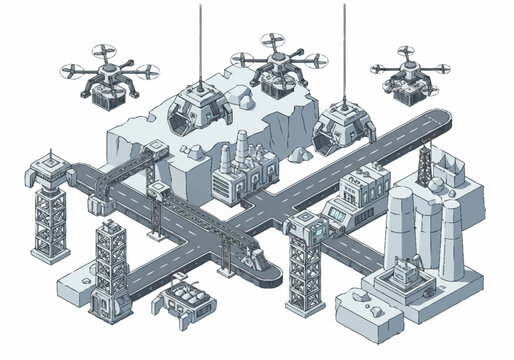 Isometric illustration of a futuristic military base with drones and advanced technology.