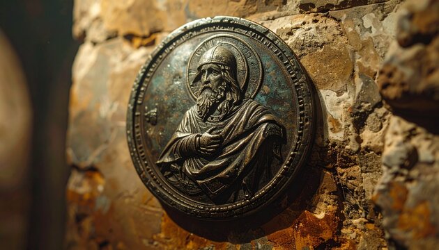 Close-up of medieval pilgrim badge cast in pewter on rough stone surface