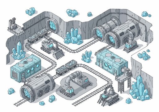 Isometric view of a futuristic underground mining operation with trains, excavators, and large crystals.