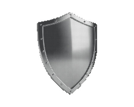 Vintage retro shield emblem with halftone circle dot pattern texture isolated on white background