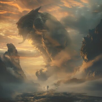 Giant fantasy monster creature emerging from fog, cinematic epic scale concept art, sci-fi behemoth