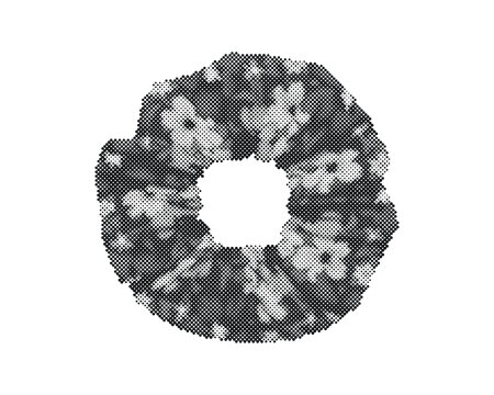 Retro halftone vector scrunchie with circle dots pattern in black and white floral design isolated on white background