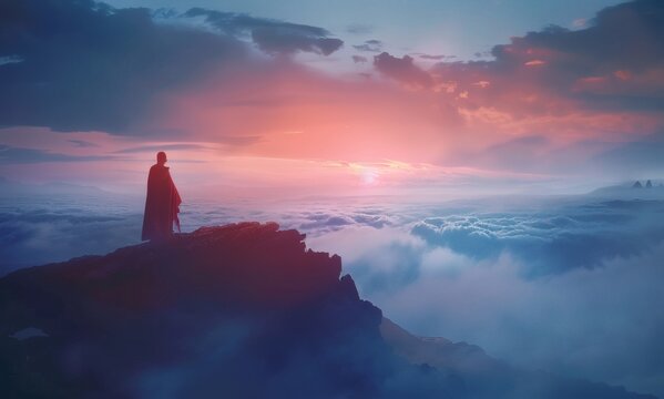 Lone traveler silhouette overlooking epic sea of clouds at sunset, majestic fantasy landscape