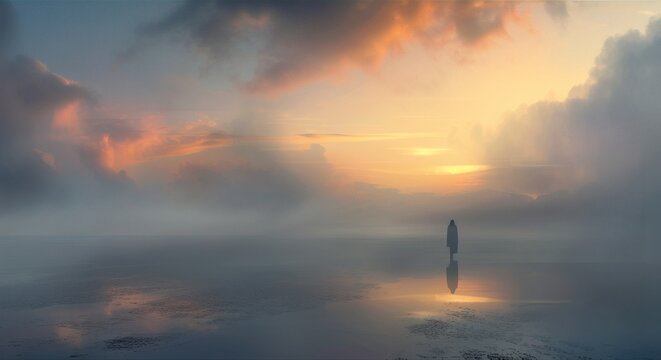Lone traveler silhouette overlooking epic sea of clouds at sunset, majestic fantasy landscape