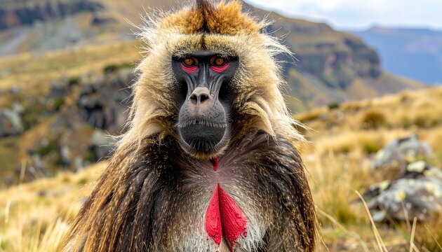 Close-up portrait of male gelada baboon with bright red chest patch in highlands