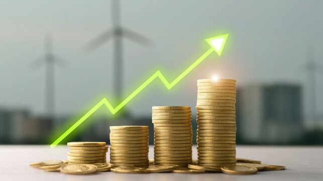 Stacks of golden coins arranged in increasing height with green upward arrow symbolizing financial growth and investment success with blurred city and wind turbines background
