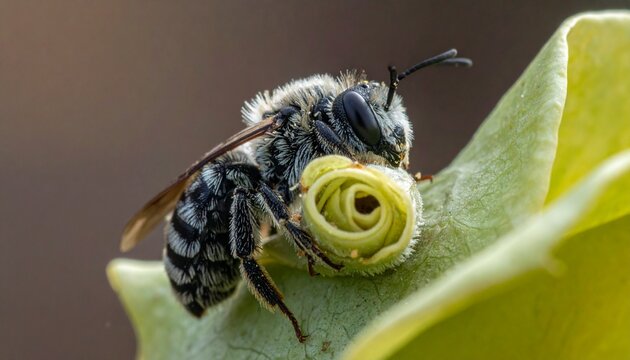 Close-up macro of leafcutter bee carrying rolled leaf segment