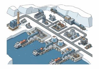 Isometric view of an industrial port complex in an icy, arctic environment with ships and cargo. © Bunga