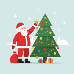 Fototapeta premium Santa Claus decorating a Christmas tree with ornaments and a star on top, with gifts at the base and a sack of presents nearby, set against a snowy winter landscape.