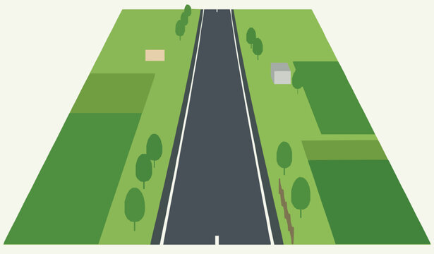 Straight countryside highway aerial perspective vector illustration
