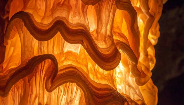 Translucent orange calcite curtain with wavy texture backlit glow