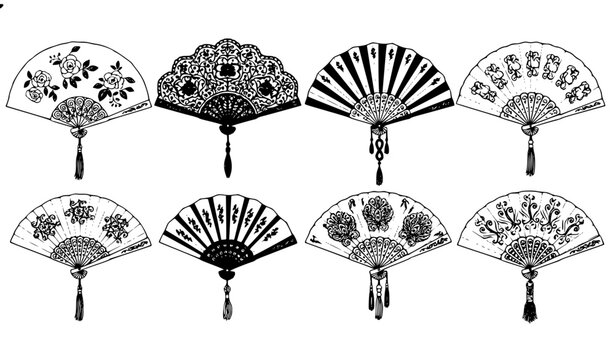 Classy decorative hand fan vector illustration set isolated on white background