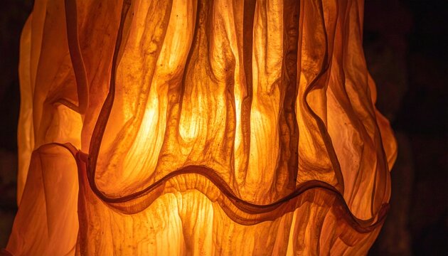 Translucent wavy orange calcite curtain with backlit glow