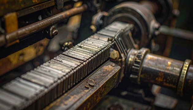 Close-up of vintage linotype machine casting lead type slugs
