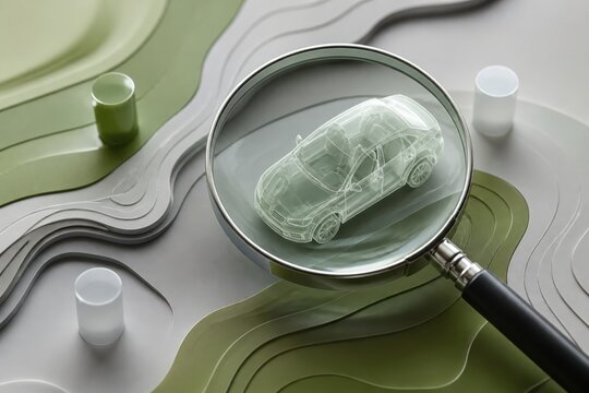 Magnifying glass examining a translucent car model on layered green contour map style background