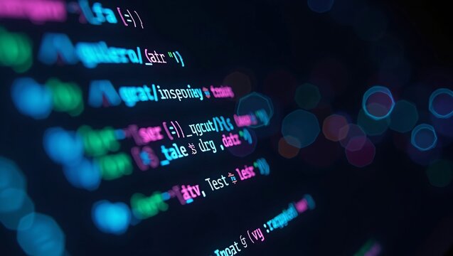 Blurred close‑up of colorful glowing programming code on a dark screen with bokeh light effects.