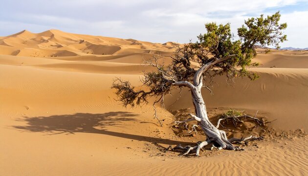 Twisted saxaul tree root exposed by wind erosion in arid desert landscape
