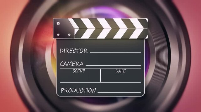 Camera Lens Aperture Opening with Movie Clapper Board Zoom In
