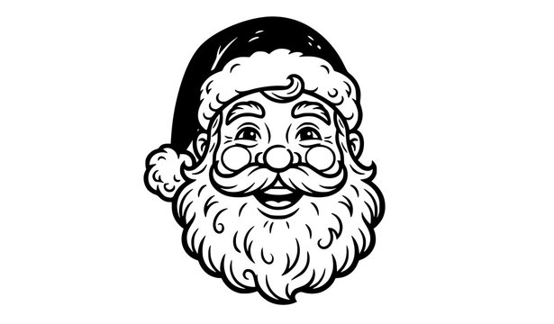 Black and white vintage style engraving of Santa Claus's cheerful face.