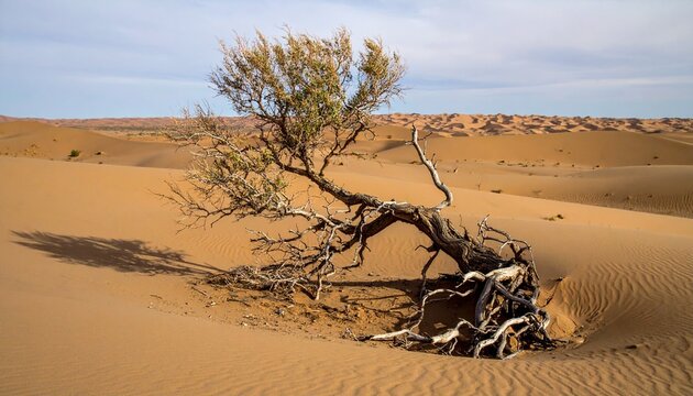 Twisted saxaul tree roots exposed by wind erosion in desert