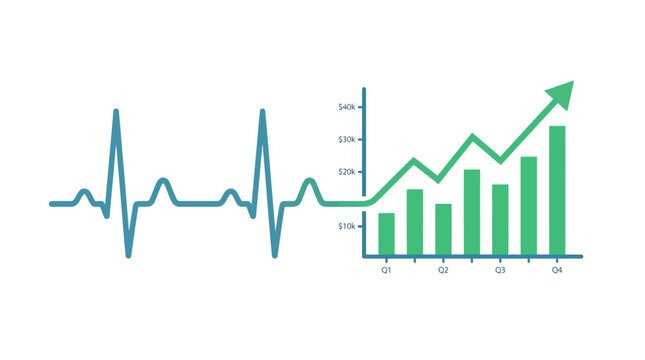 Vector illustration of a heartbeat line transitioning into a rising financial bar chart with quarterly growth indicators on a white background