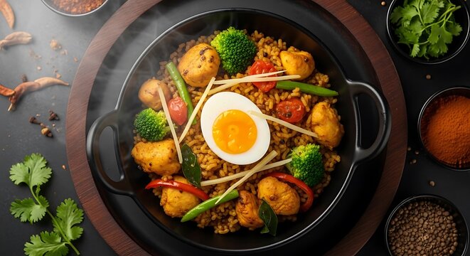 A steaming hot dish of rice, vegetables, and seafood topped with a fried egg
