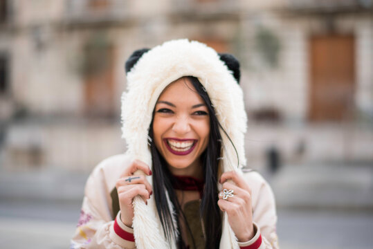 Young Woman Wearing Cute Panda Winter Hat and Gloves in Jaen Andalusia Spain