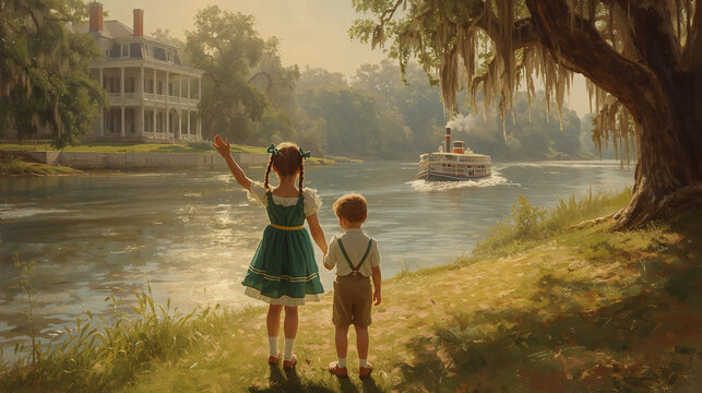 Cinematic wide banner of children waving at a vintage steamboat on a southern river. Mark Twain style nostalgia with plantation house and copy space