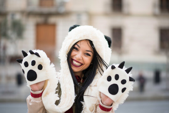 Young Woman Wearing Cute Panda Winter Hat and Gloves in Jaen Andalusia Spain